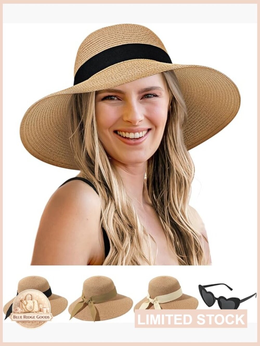 Wide Brim Straw Floppy Beach Hat with Adjustable Strap Packable Roll Up UPF 50